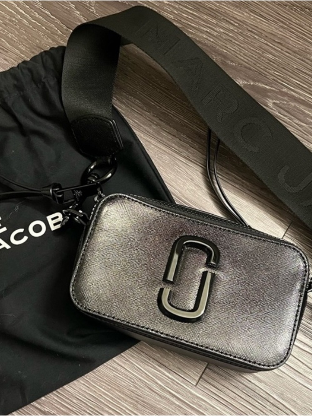 Marc Jacobs Black Crossbody Snapshot Bag with Wide Logo Strap